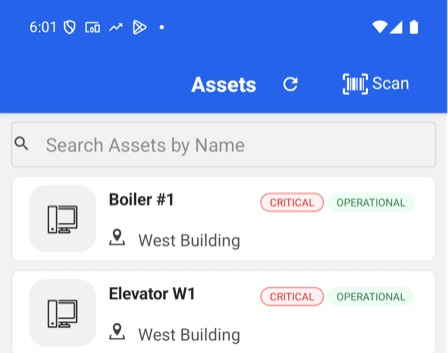 MaintainNow phone app Assets list with the Scan button in the top right corner