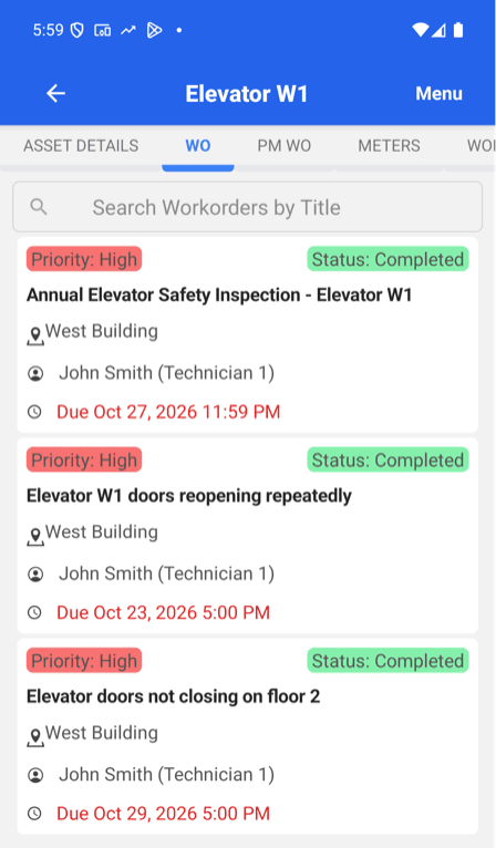 Elevator W1 work order history in the MaintainNow phone app with three completed high-priority work orders