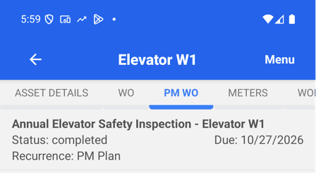 PM WO tab for Elevator W1 in the MaintainNow phone app showing the completed Annual Elevator Safety Inspection from a PM plan