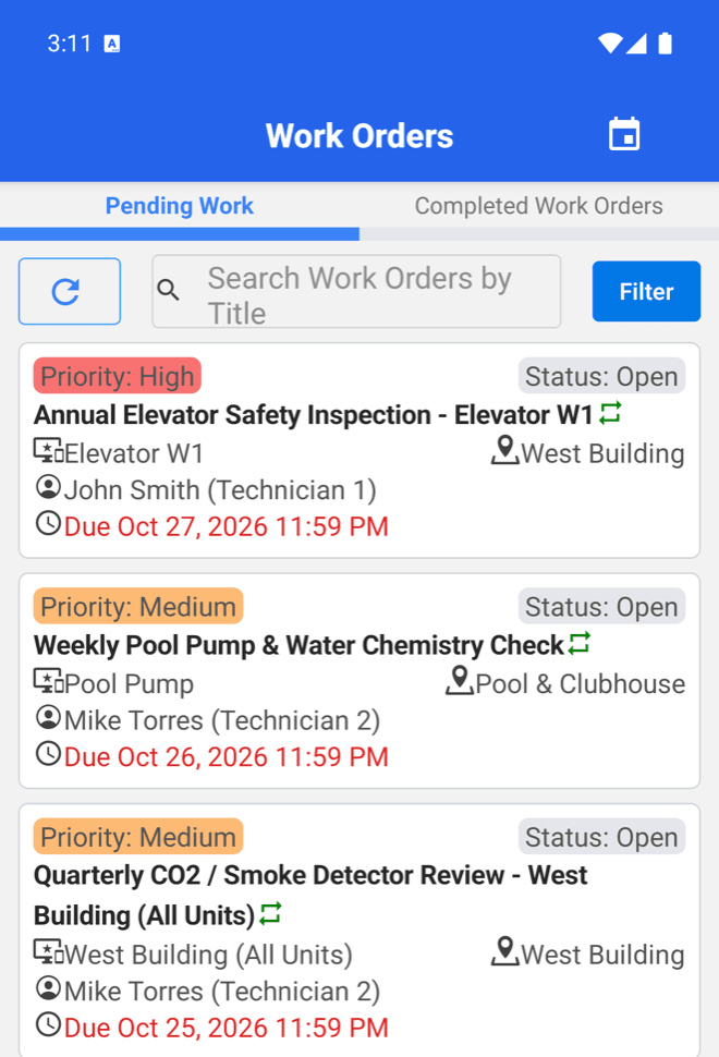MaintainNow Android app Work Orders list showing preventive maintenance work orders for an elevator, a pool pump and smoke detectors, each with priority, asset, technician and due date