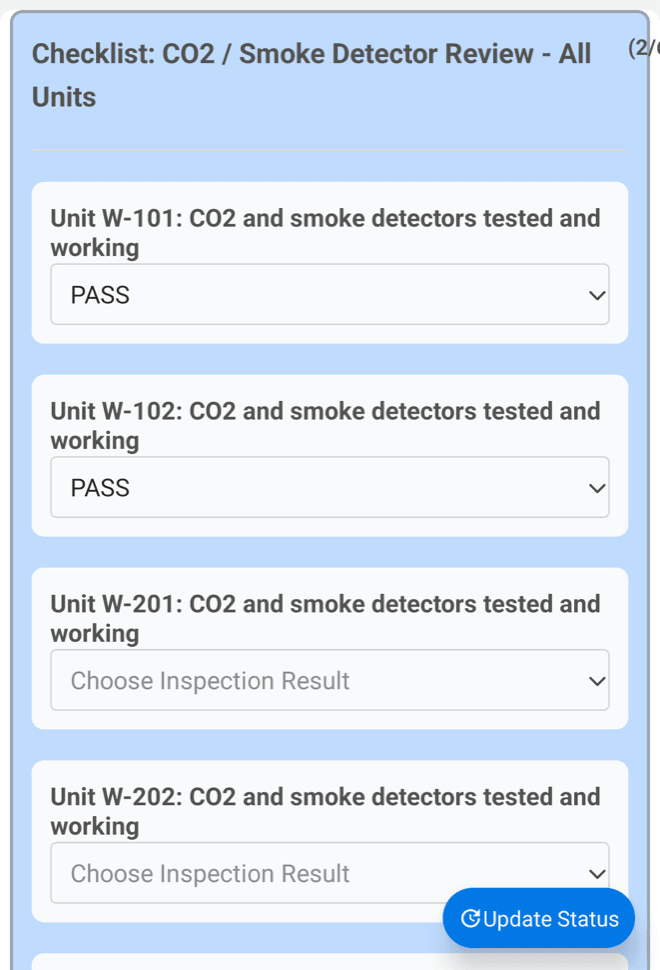MaintainNow mobile checklist for a CO2 and smoke detector review, with the first two units marked Pass