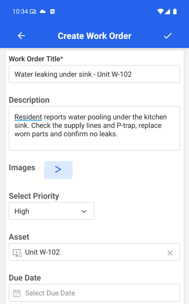 MaintainNow mobile Create Work Order screen with the title Water leaking under sink - Unit W-102, a description, High priority and the asset Unit W-102 selected