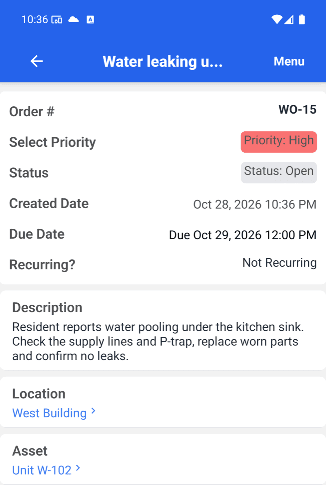 Saved MaintainNow work order WO-15 on a phone, showing High priority, status Open, created and due dates, the description, location West Building and asset Unit W-102