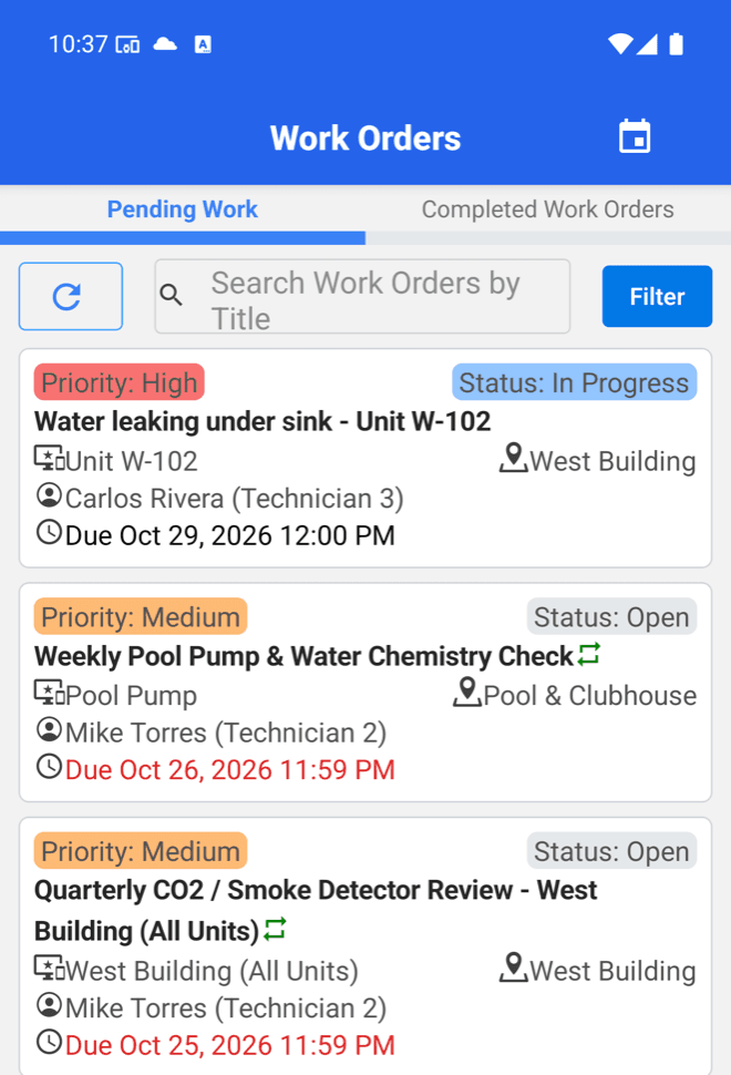 MaintainNow mobile Work Orders list with the new High priority work order for Unit W-102 at the top, status In Progress, assigned to Carlos Rivera, due Oct 29