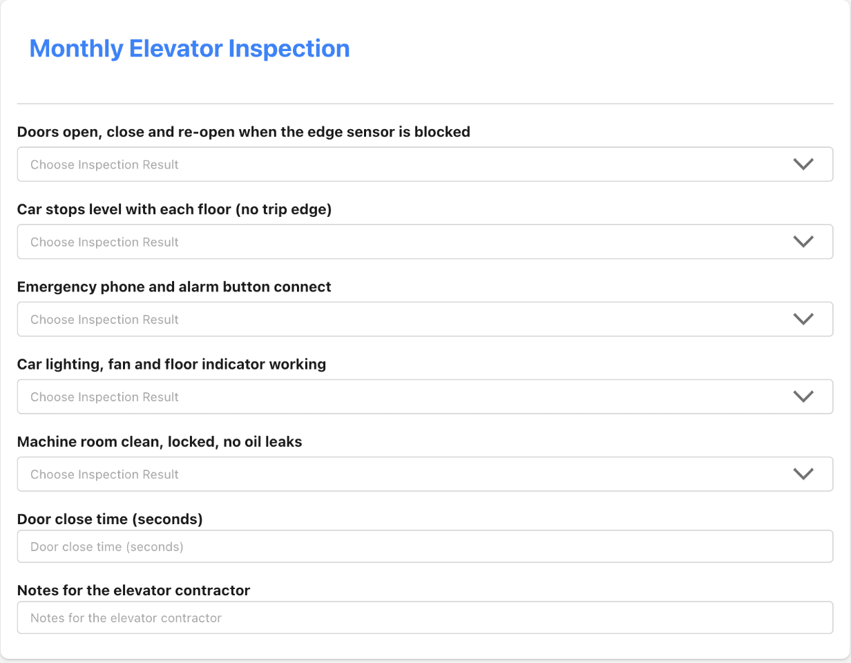 MaintainNow Monthly Elevator Inspection checklist template with door sensor, leveling, emergency phone, lighting, machine room, door close time and contractor notes