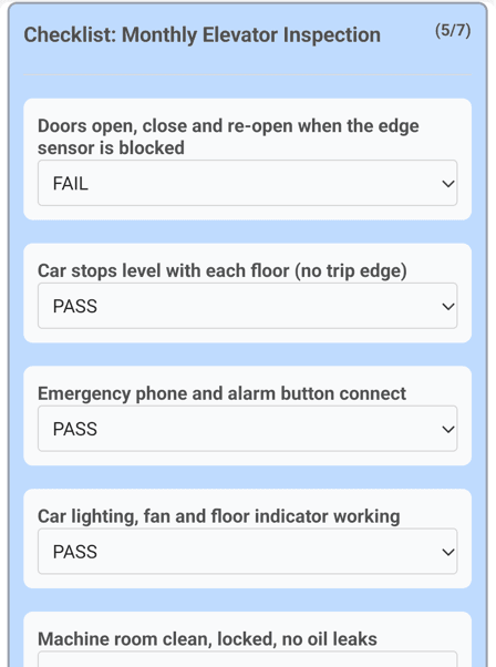 MaintainNow mobile app checklist for Monthly Elevator Inspection on Elevator W1 with PASS and FAIL results