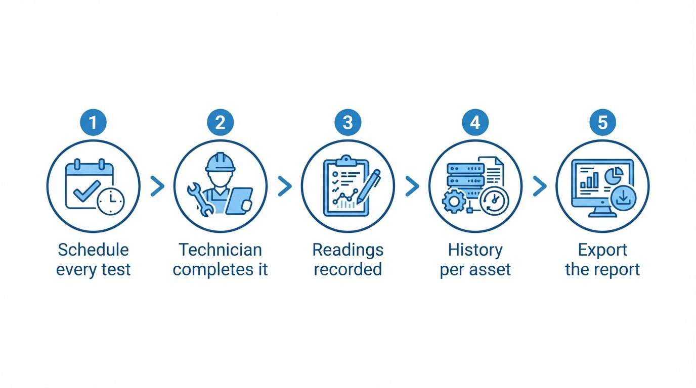 Illustration: five-step flow from schedule every test, technician completes it, readings recorded, history per asset, export the report