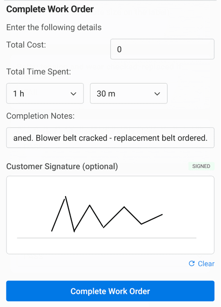 MaintainNow mobile Complete Work Order screen with 1 hour 30 minutes time spent, completion notes and a signature marked SIGNED