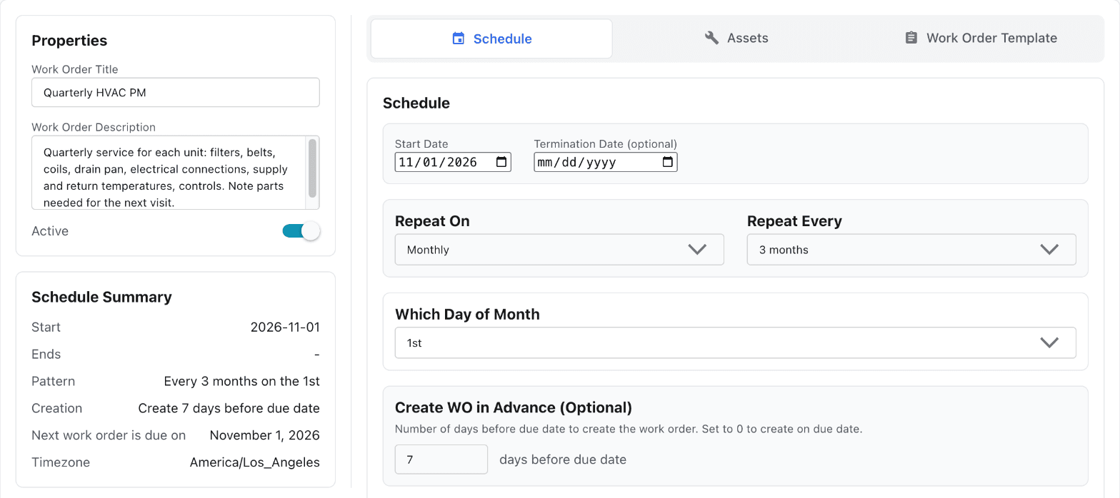 MaintainNow maintenance plan schedule repeating every 3 months on the 1st, created 7 days before the due date