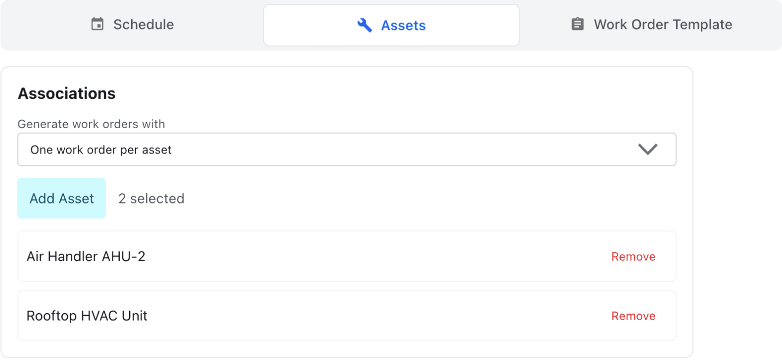 MaintainNow plan Assets tab set to one work order per asset, with Air Handler AHU-2 and Rooftop HVAC Unit selected