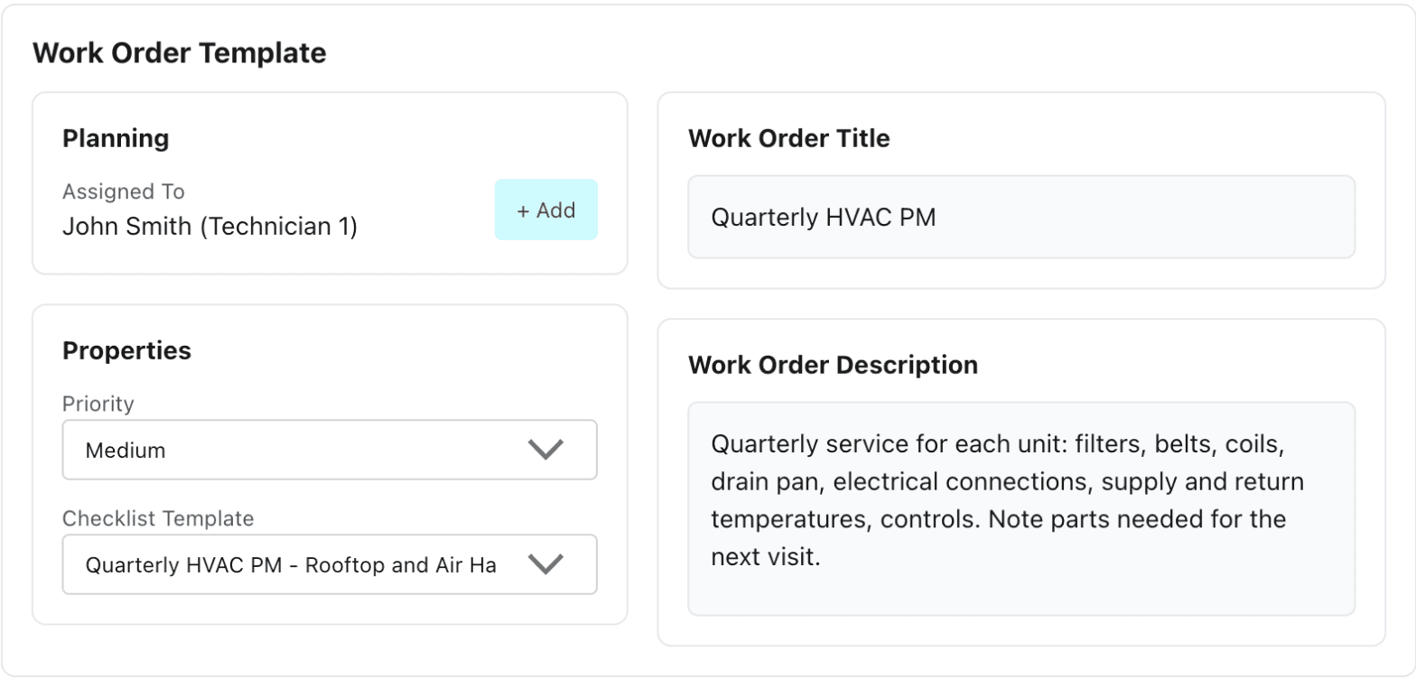 MaintainNow Work Order Template tab with the Quarterly HVAC PM checklist template selected and the work order assigned to a technician