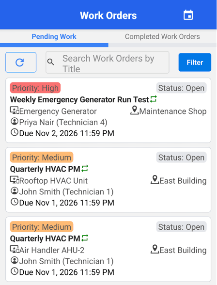 MaintainNow mobile app work order list showing a Quarterly HVAC PM work order for the Rooftop HVAC Unit and another for Air Handler AHU-2