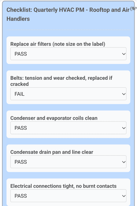 MaintainNow mobile checklist for quarterly HVAC PM with air filters PASS, belts FAIL and coils, drain pan and electrical connections PASS