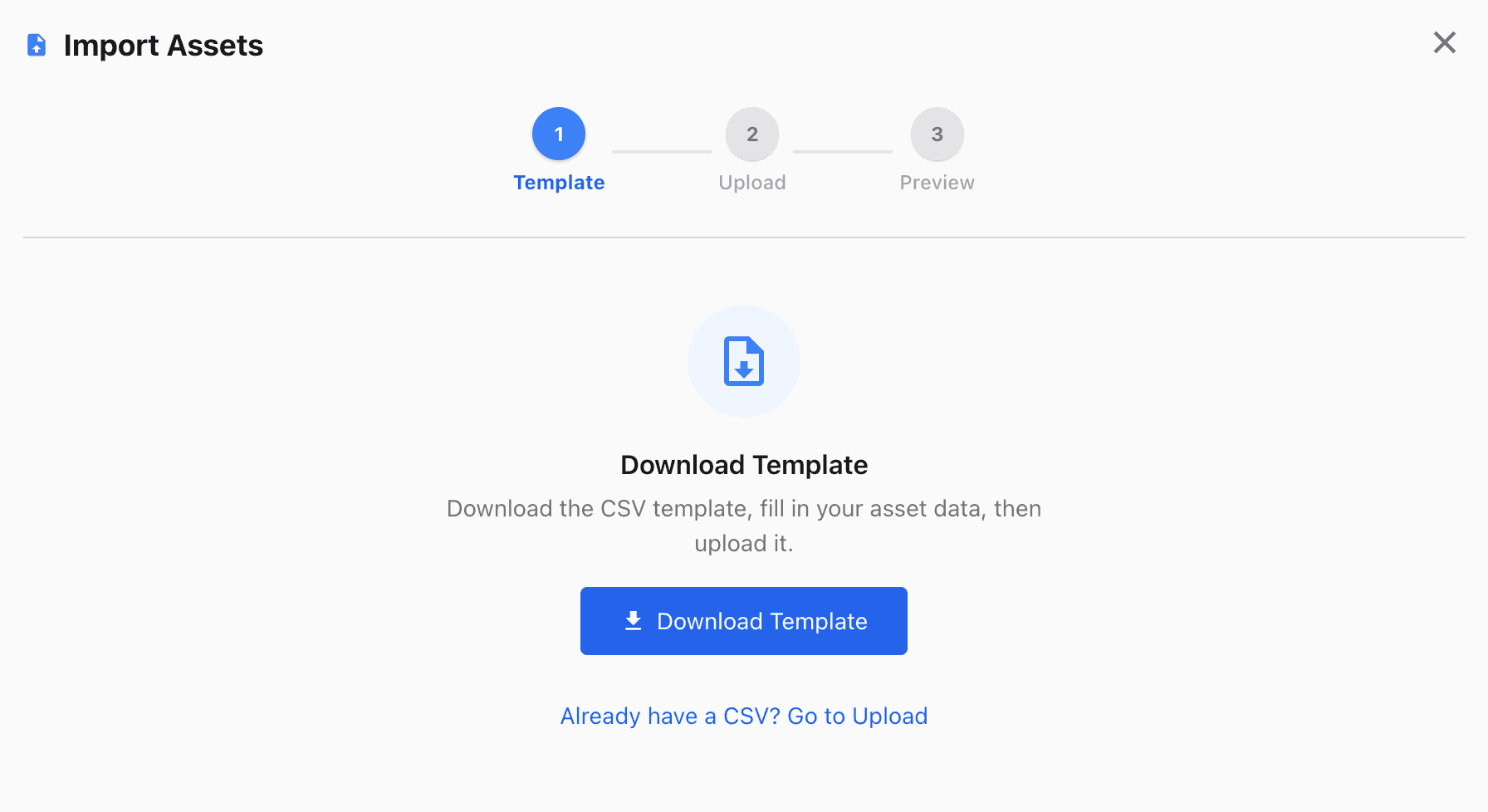 Import Assets dialog in MaintainNow on the Template step with the Download Template button