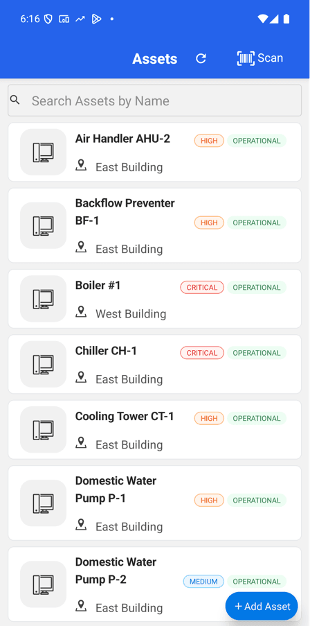MaintainNow phone app Assets list showing the imported East Building assets