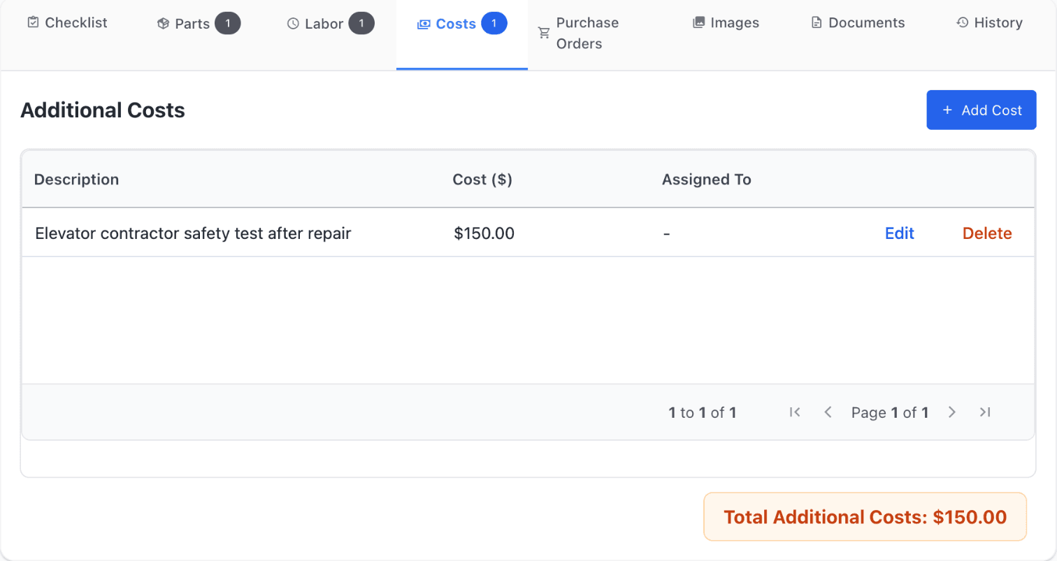 Costs tab of a work order in MaintainNow with an additional cost: Elevator contractor safety test after repair, $150.00