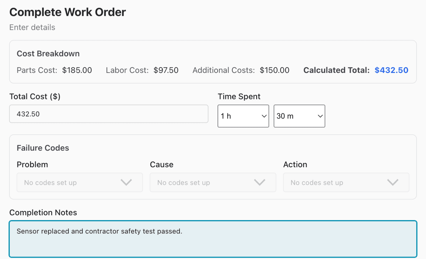 Complete Work Order screen in MaintainNow with the cost breakdown, Calculated Total $432.50, Total Cost 432.50, Time Spent 1 h 30 m and completion notes