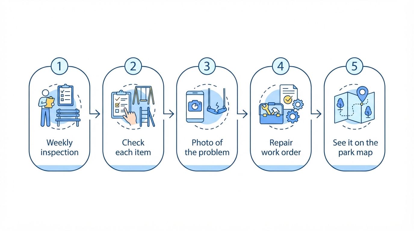 Illustration: five-step flow from weekly inspection, check each item, photo of the problem, repair work order, see it on the park map
