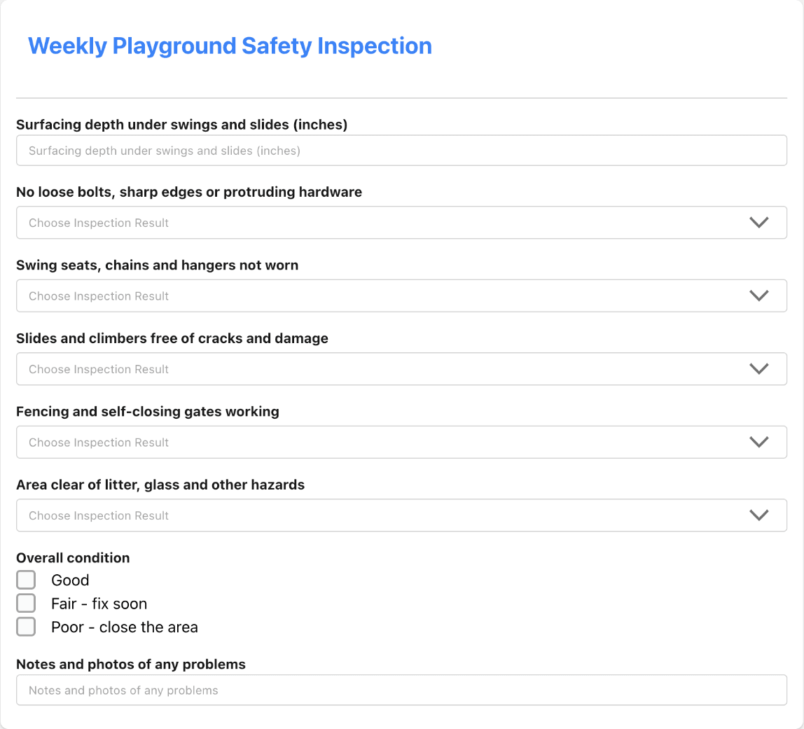 MaintainNow Weekly Playground Safety Inspection checklist template with surfacing depth, hardware, swings, slides, fencing, hazards and overall condition
