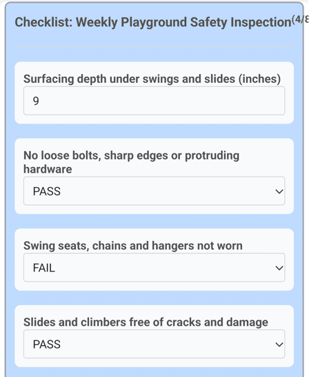 MaintainNow mobile app weekly playground inspection with surfacing depth and a FAIL on swing seats and chains