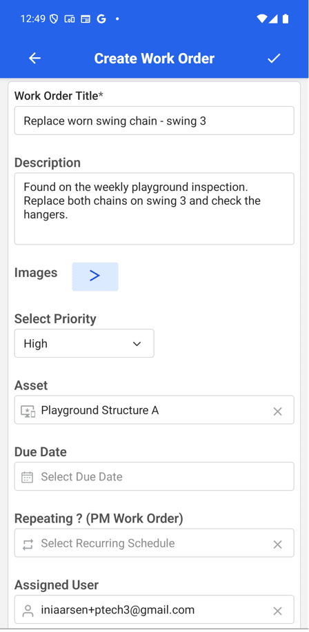 MaintainNow mobile work order to replace a worn swing chain on Playground Structure A at Riverside Park