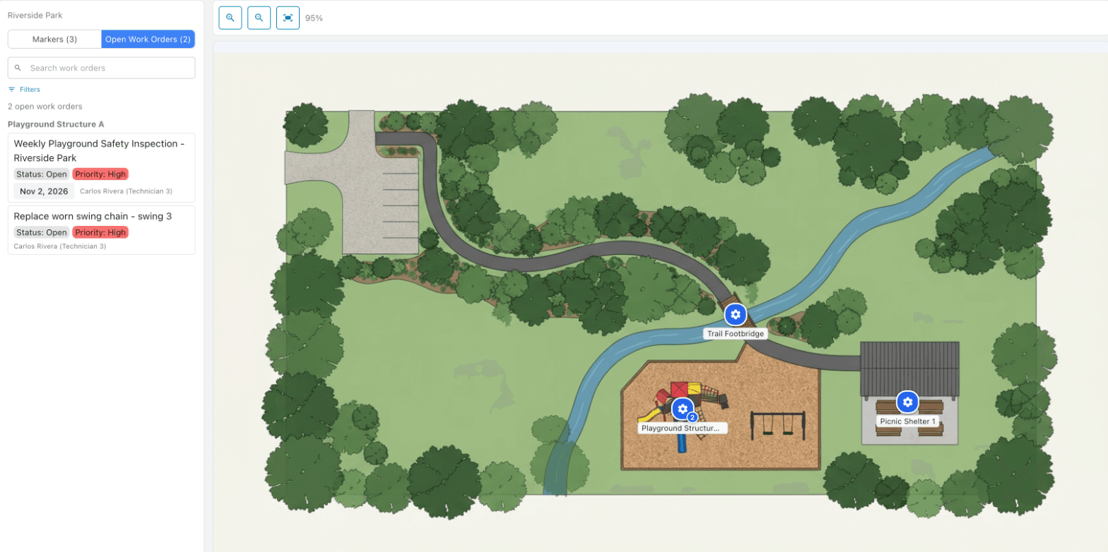 MaintainNow Floor Plans site map of Riverside Park with markers for Playground Structure A, Trail Footbridge and Picnic Shelter 1