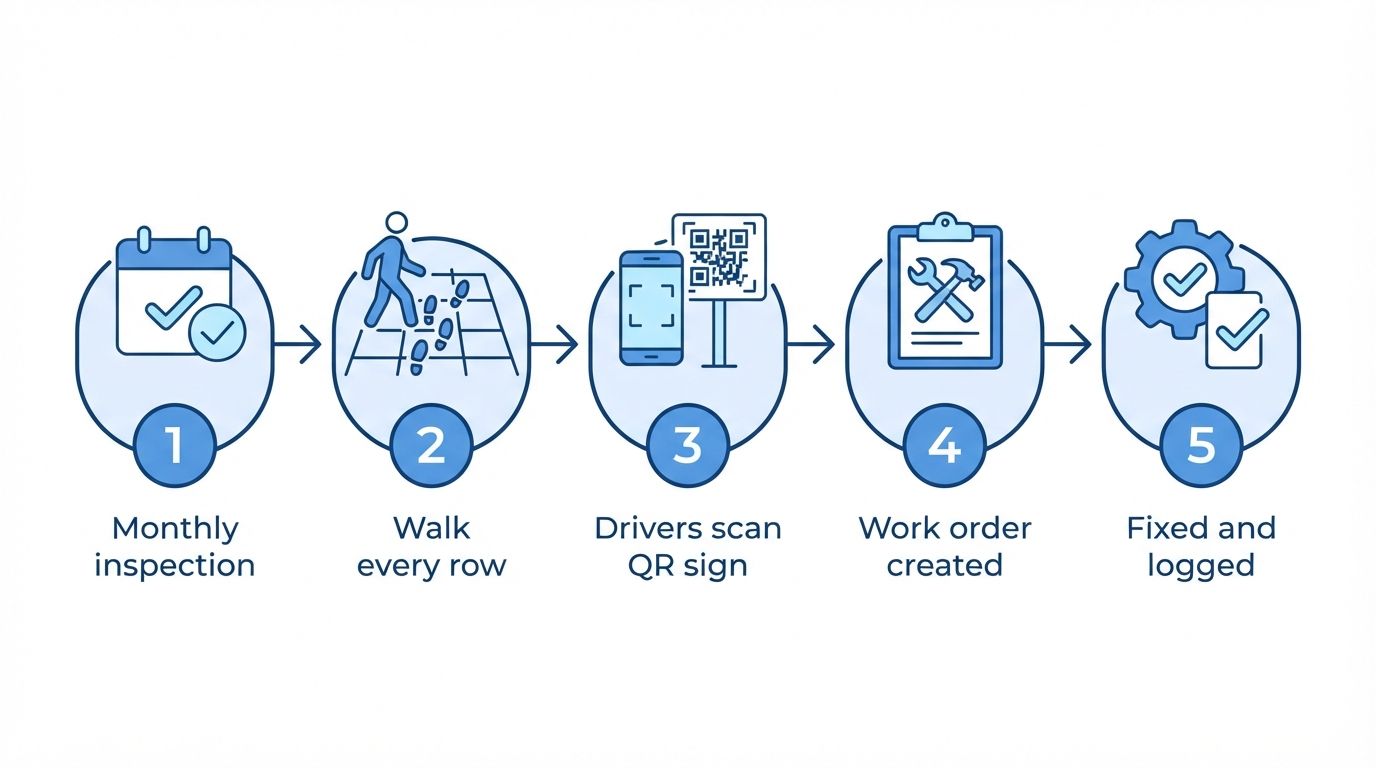 Illustration: five-step flow from monthly inspection, walk every row, drivers scan QR sign, work order created, fixed and logged