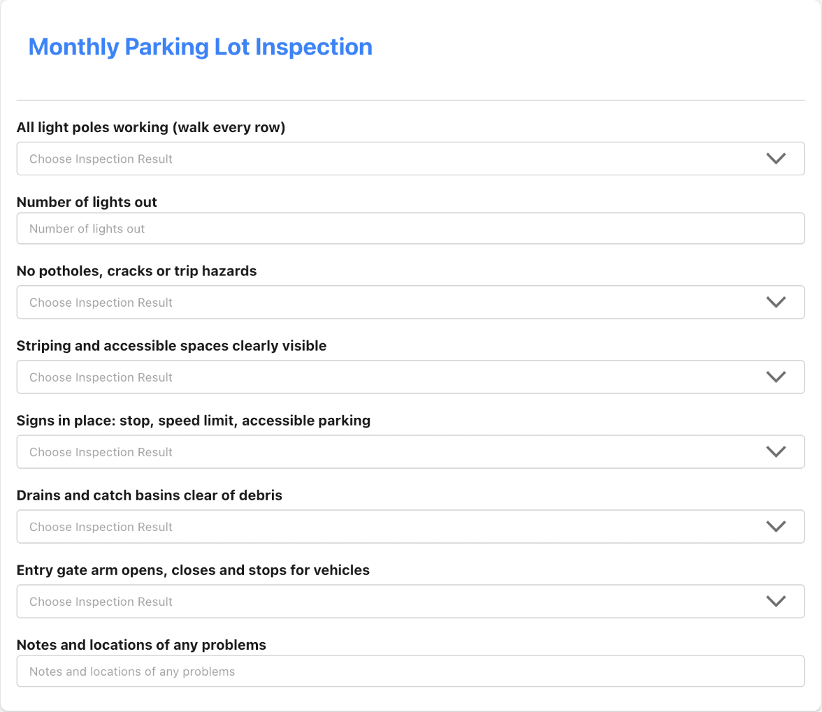 MaintainNow Monthly Parking Lot Inspection checklist template with light poles, number of lights out, potholes, striping, signs, drains, entry gate and notes