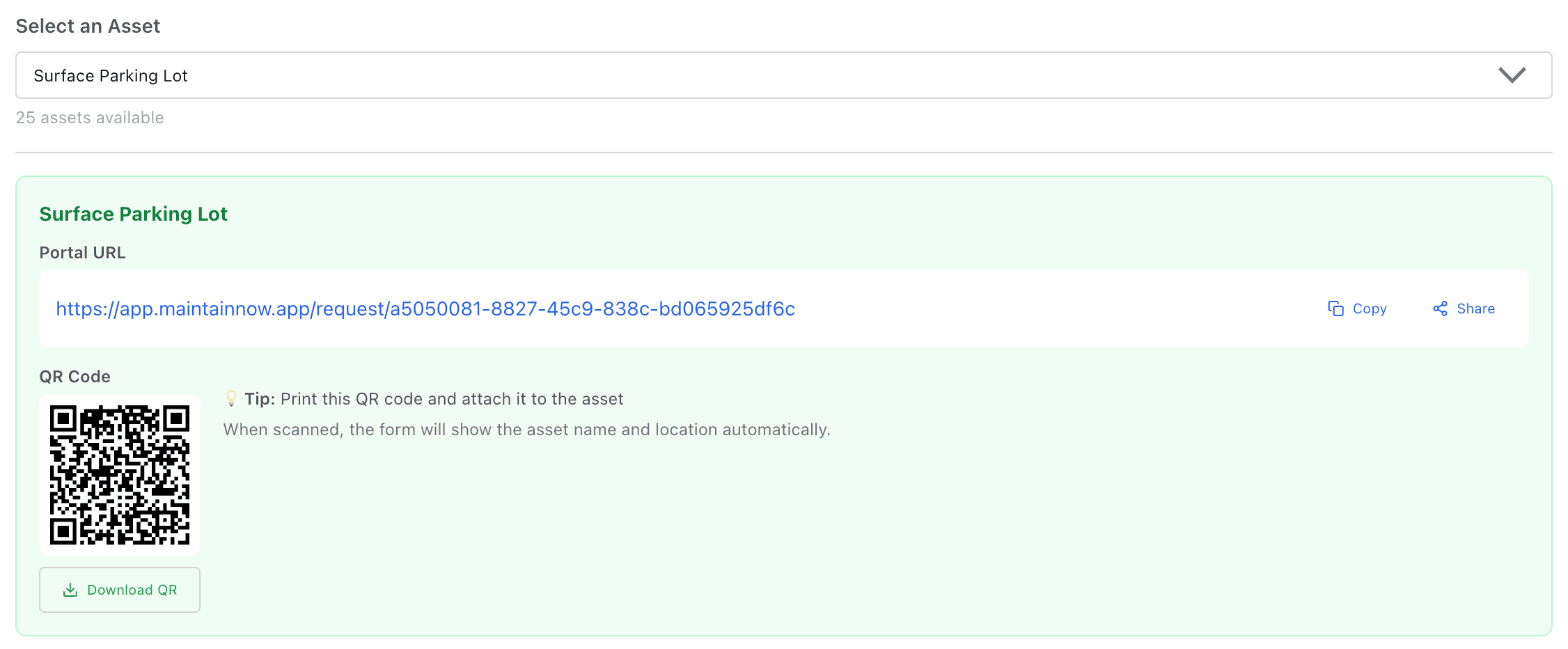 MaintainNow Request Portal asset-specific portal for Surface Parking Lot with its portal URL, QR code and Download QR button
