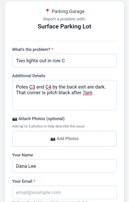 MaintainNow request form on a phone for Surface Parking Lot at Parking Garage, with the problem Two lights out in row C and details about poles C3 and C4