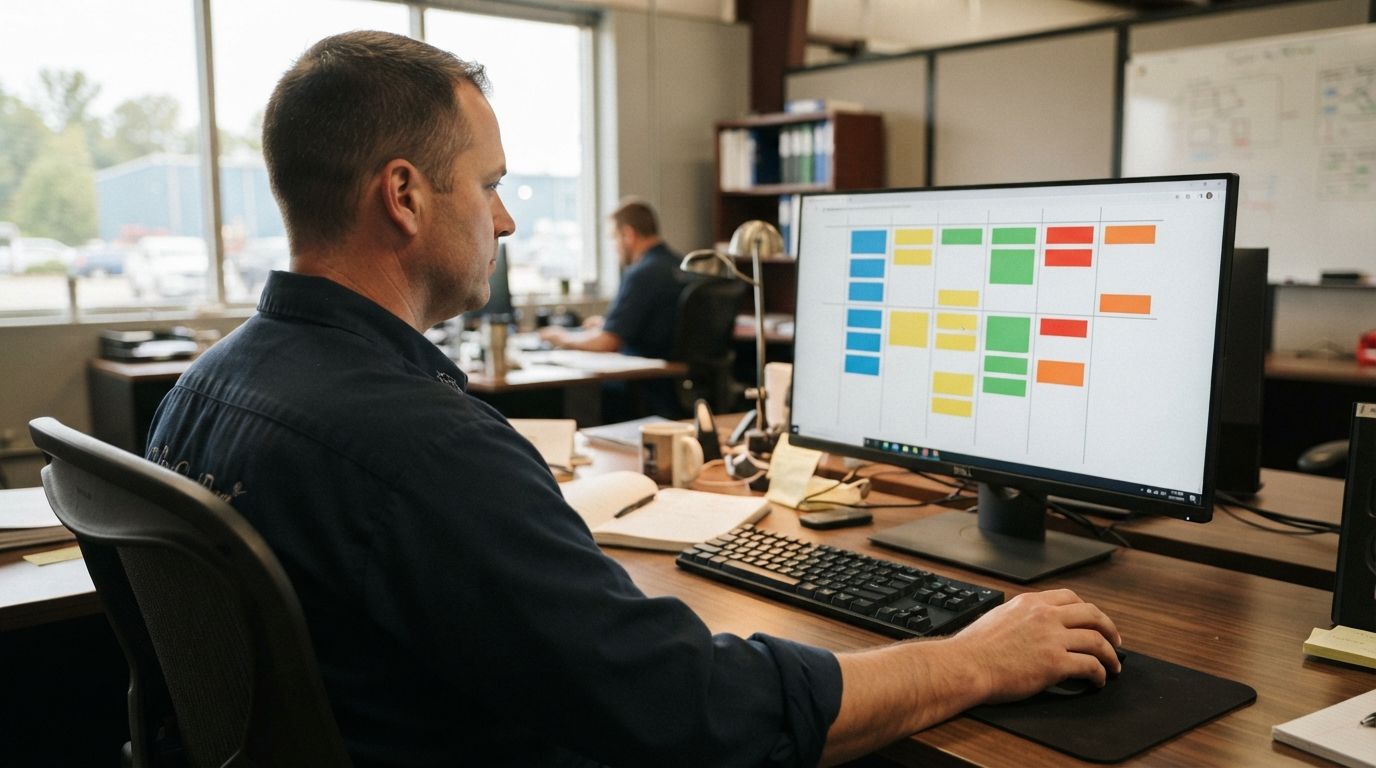 Illustration: a maintenance planner arranges colored work order blocks on a weekly schedule on a large monitor