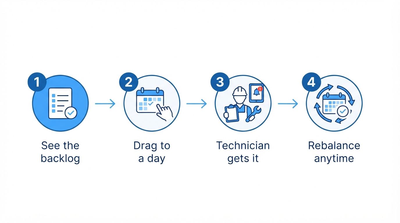 Illustration: four steps. 1 See the backlog, 2 Drag to a day, 3 Technician gets it, 4 Rebalance anytime