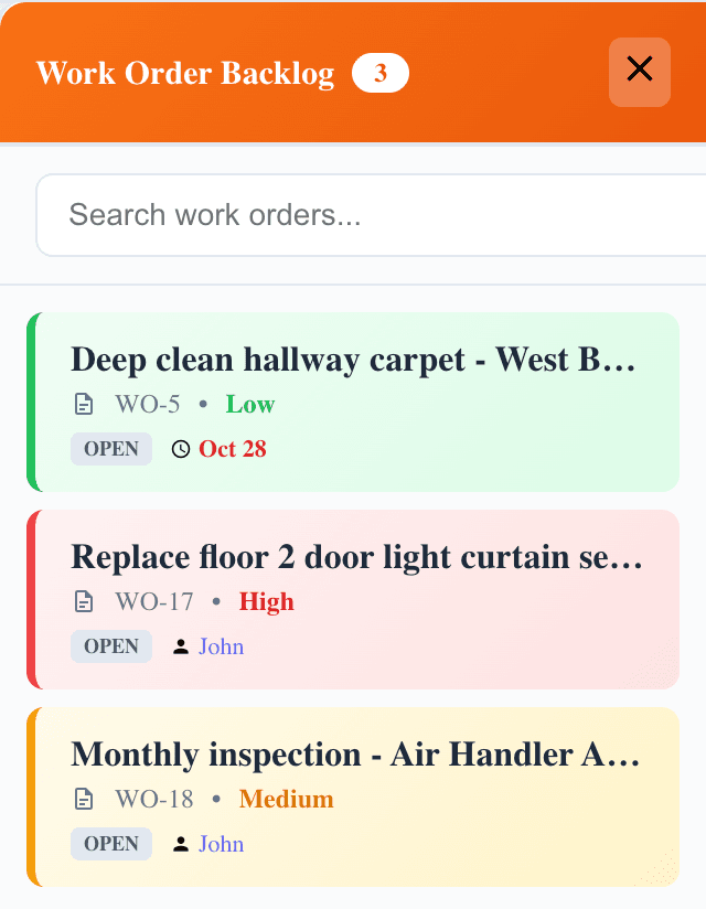 Work Order Backlog panel in MaintainNow with 3 unscheduled work orders: a low-priority carpet clean, a high-priority sensor replacement and a medium-priority inspection