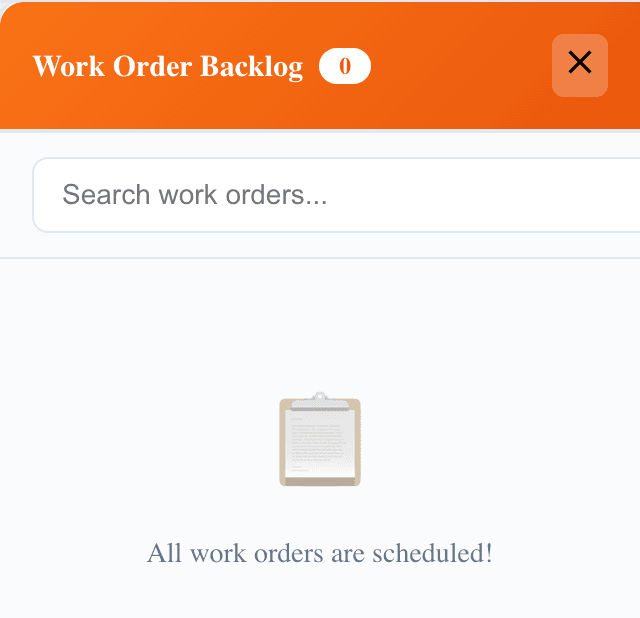 Work Order Backlog in MaintainNow showing 0 and the message "All work orders are scheduled!"