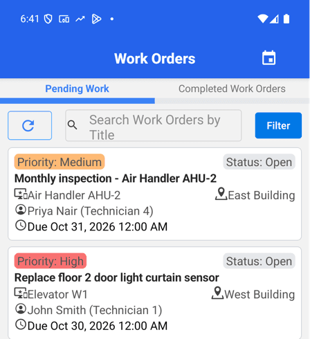 MaintainNow phone app Pending Work list showing the air handler inspection assigned to Priya Nair due Oct 31 and the sensor replacement assigned to John Smith due Oct 30