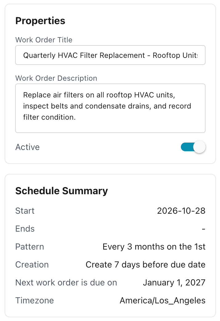 Properties panel of a new MaintainNow maintenance plan with the work order title and description filled in, and the Schedule Summary showing every 3 months on the 1st, created 7 days before the due date