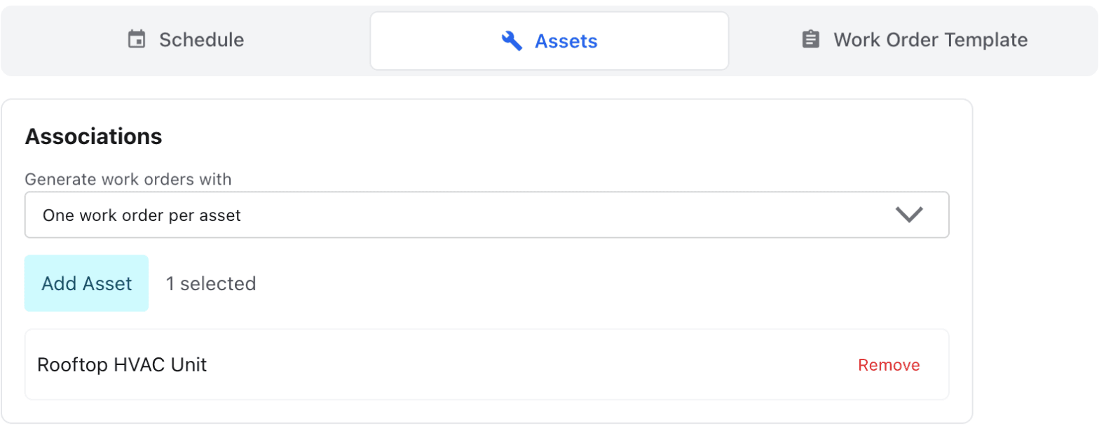 Assets tab in a MaintainNow maintenance plan with "One work order per asset" selected and the Rooftop HVAC Unit linked