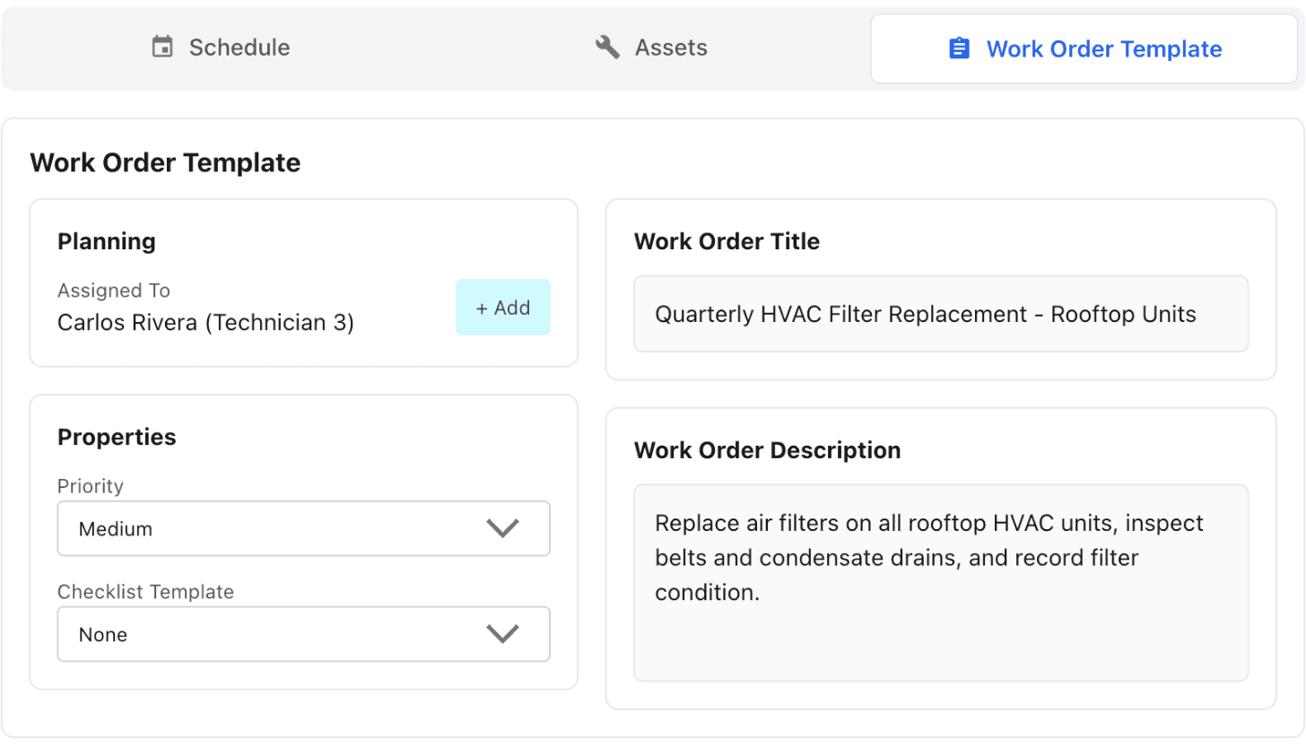 Work Order Template tab in MaintainNow with a technician assigned, Medium priority, and the work order title and description