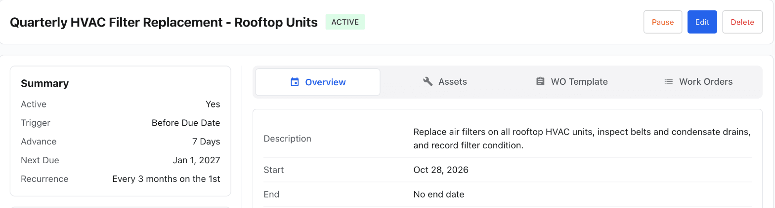MaintainNow Maintenance Plan Details page showing an active quarterly plan with the next due date and recurrence